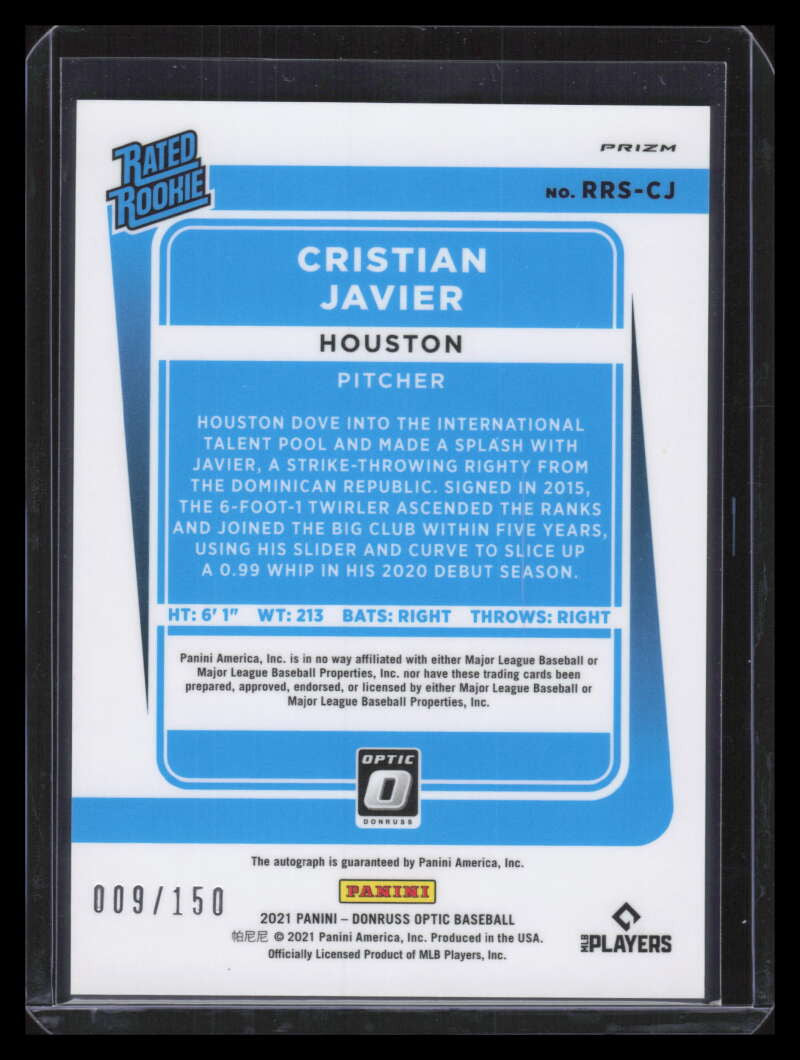 2021 Donruss Optic Rated Signatures Purple 63 Cristian Javier Rookie Auto 9/150