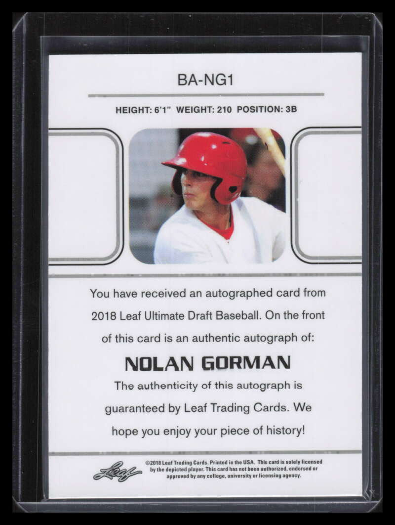 DELETE 131858 2018 Leaf Ultimate Draft bang1 Nolan Gorman Rookie Auto