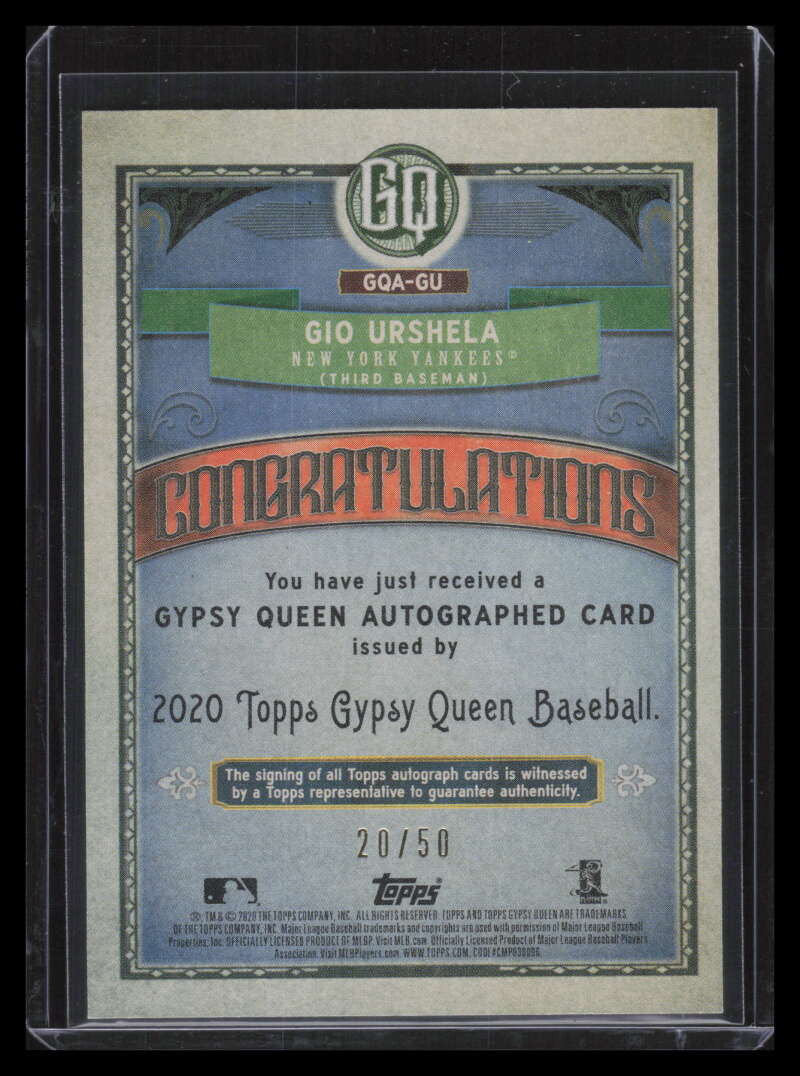 2020 Topps Gypsy Queen Autographs Black and White GQAGU Gio Urshela Auto 20/50
