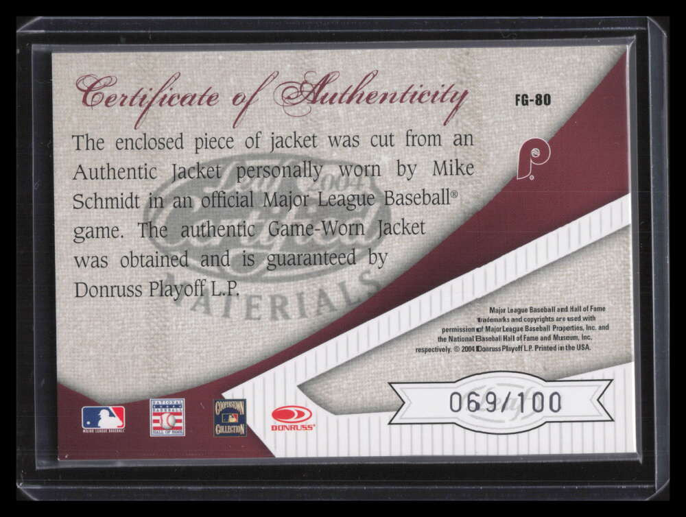 2004 Leaf Certified Materials Fabric of Game AL/NL 80 Mike Schmidt Jacket 69/100