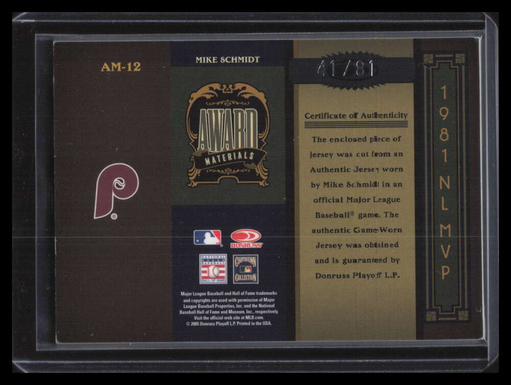 SOLD 131922 2005 Timeless Treasures Award Materials Year 12 Mike Schmidt Jersey 41/81