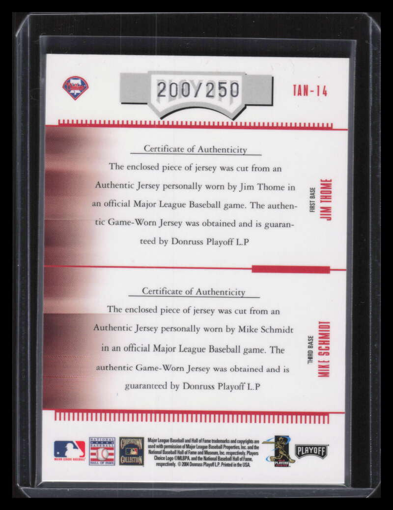 2004 Absolute Team Tandem Material Jim Thome Mike Schmidt Dual Jersey 200/250