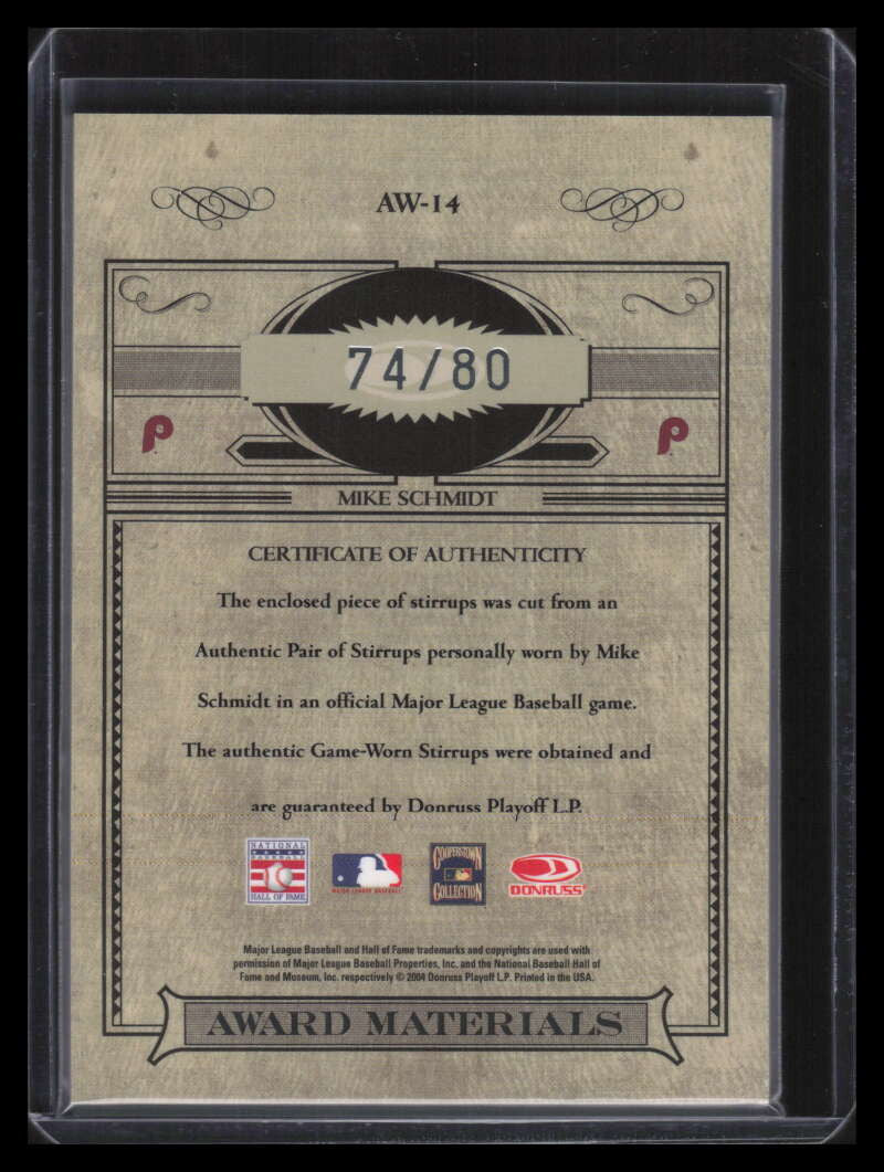 2004 Timeless Treasures Award Materials Mike Schmidt 80 MVP Stirrups Socks 74/80