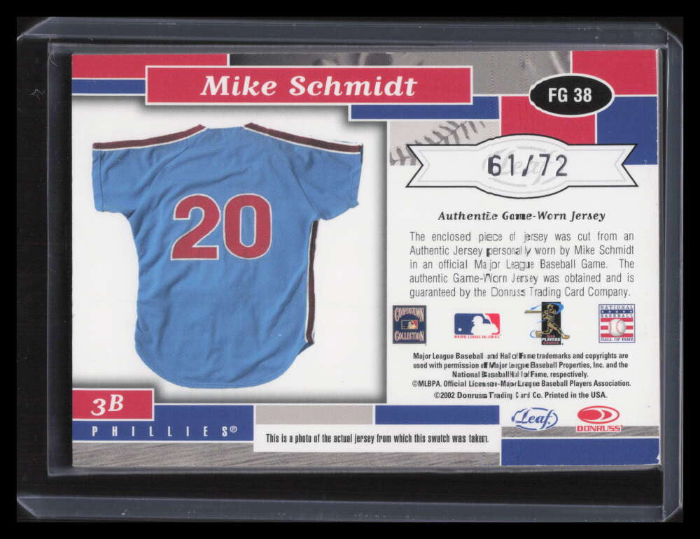 DELETE 131949 2002 Leaf Certified Fabric of the Game 38dy Mike Schmidt Jersey 61/72 Draft Year