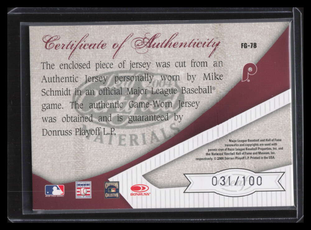 2004 Leaf Certified Materials Fabric of Game AL/NL 78 Mike Schmidt Jersey 31/100