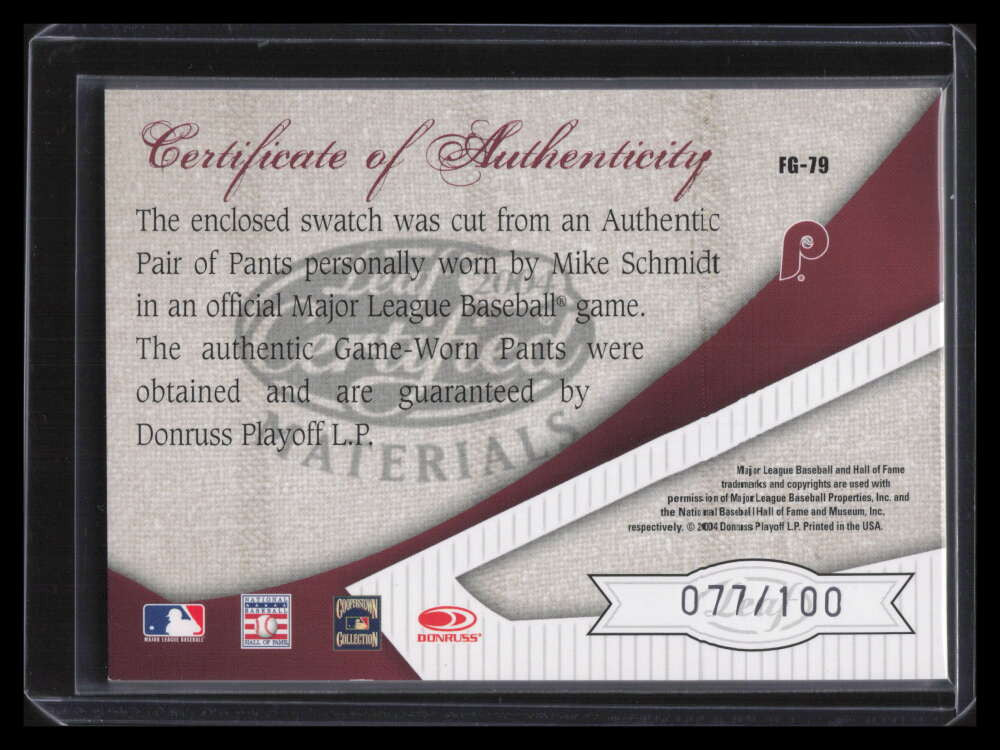 2004 Leaf Certified Materials Fabric of Game AL/NL 79 Mike Schmidt Pants 77/100