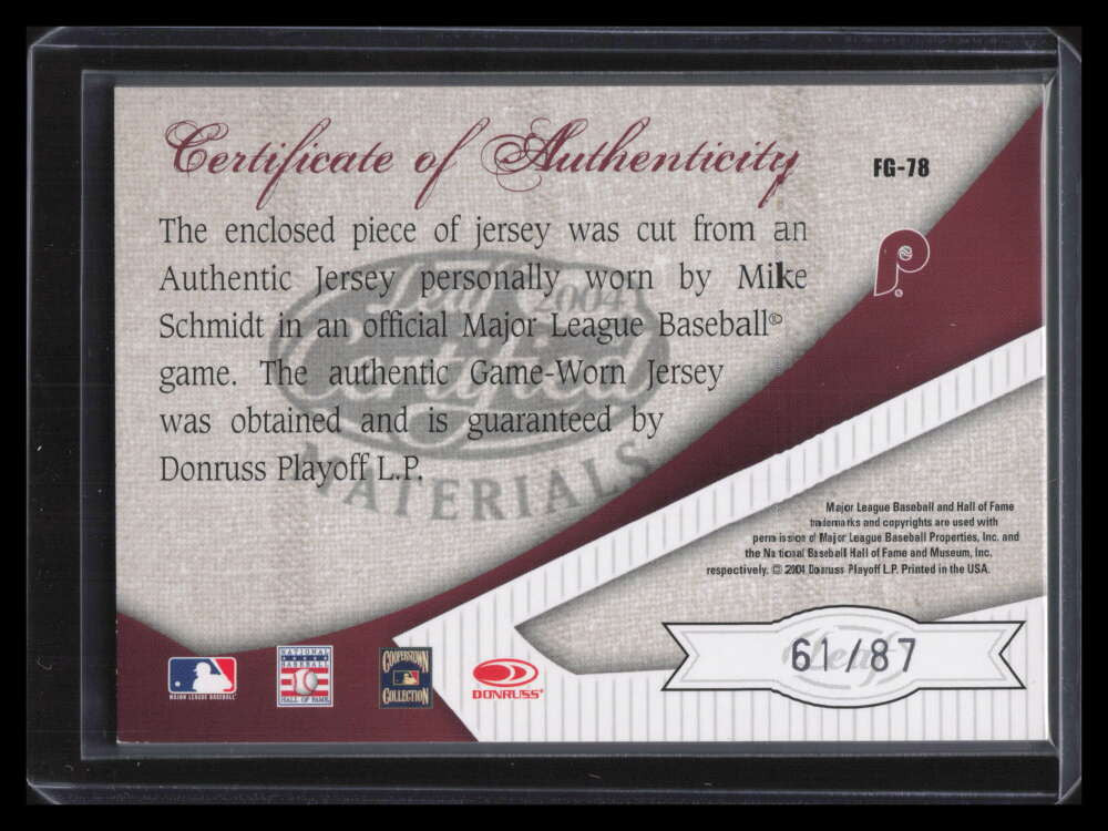 DELETE 131957 2004 Leaf Certified Fabric of the Game Jersey Year 78 Mike Schmidt Jersey 61/87