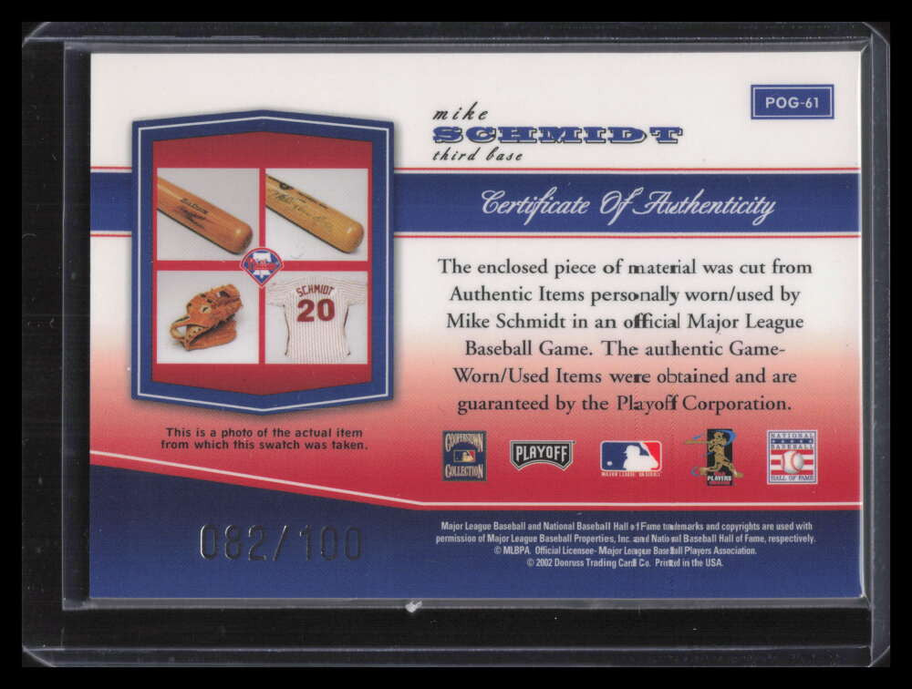 2002 Playoff Piece of the Game Materials Silver 61 Mike Schmidt Bat 82/100