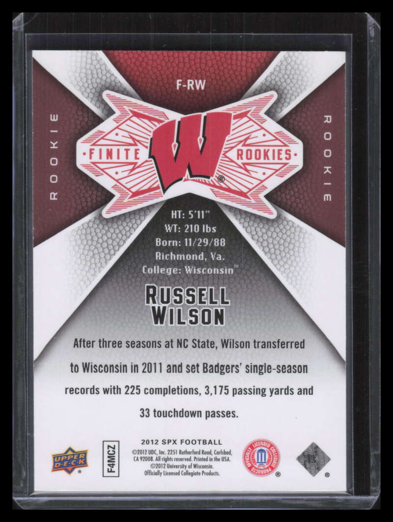 2012 SPx Finite Rookies FRW Russell Wilson Rookie 247/499