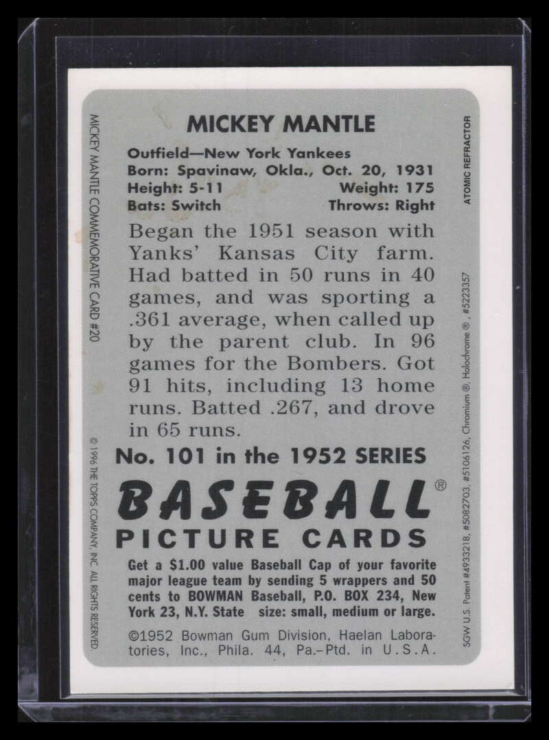 SOLD 132164 1996 Bowman's Best NNO Mickey Mantle 1952 Bowman Atomic Refractor Chromium