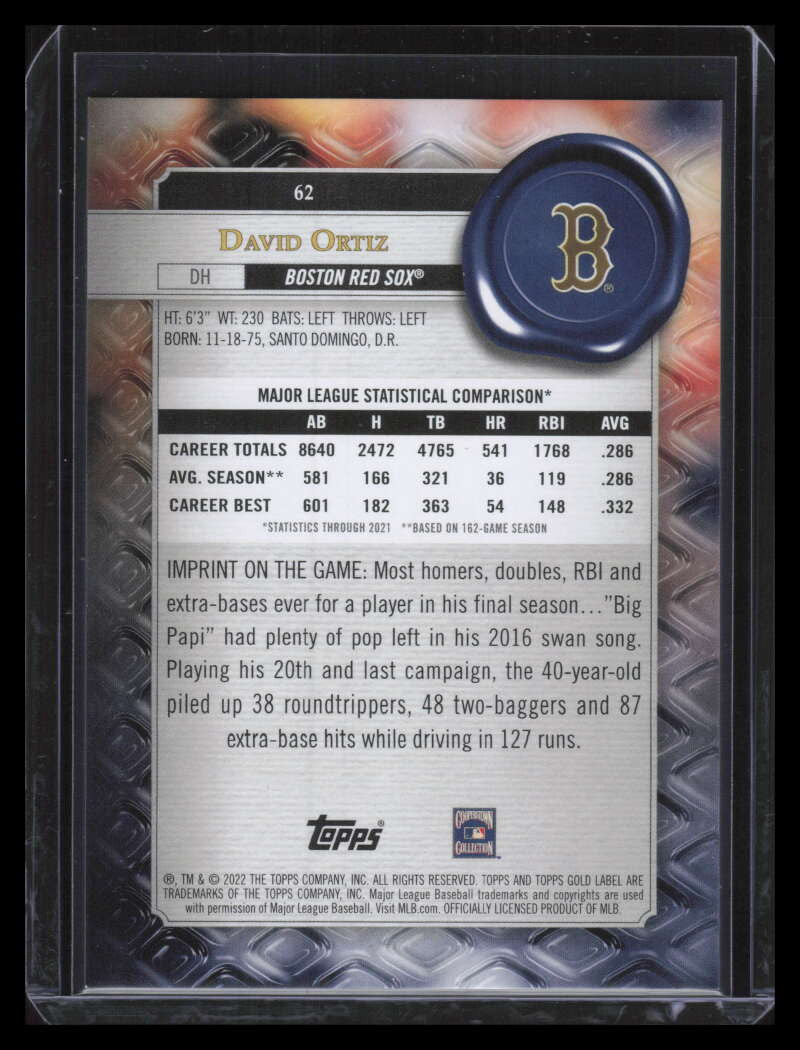 2022 Topps Gold Label Class 3 Red 62 David Ortiz 11/25