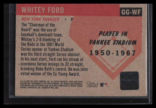 2002 Topps Heritage Grandstand Glory GGWF Whitey Ford Yankee Stadium Seat