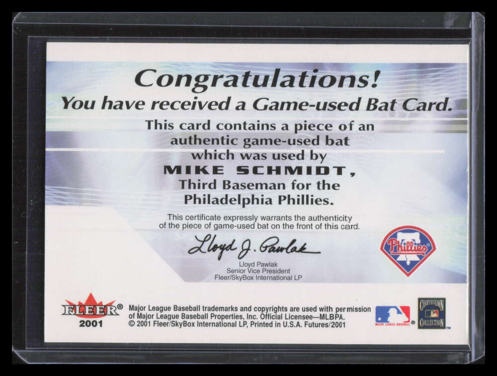 2001 Fleer Futures Bats to the Future Game Bat 20 Mike Schmidt Bat