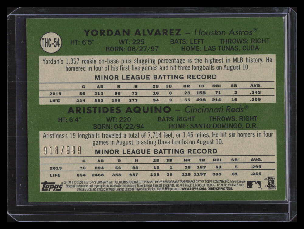 2020 Topps Heritage Chrome thc54 Aristides Aquino Yordan Alvarez Rookie 918/999