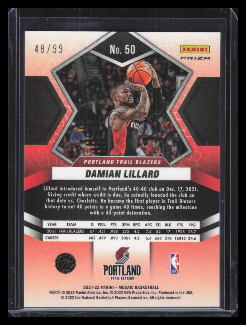 2021-22 Panini Mosaic Mosaic Blue Refractor 50 Damian Lillard 48/99
