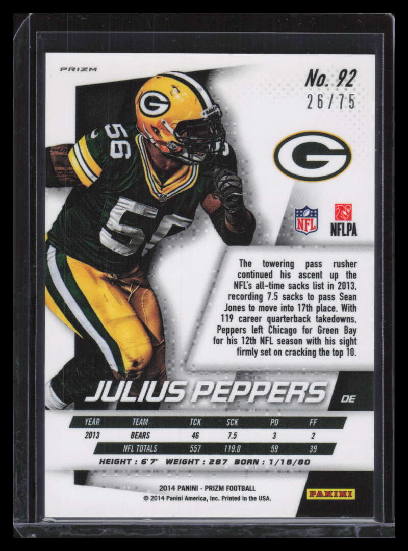 2014 Panini Prizm Prizms NFL Shield Refractor 92 Julius Peppers 26/75