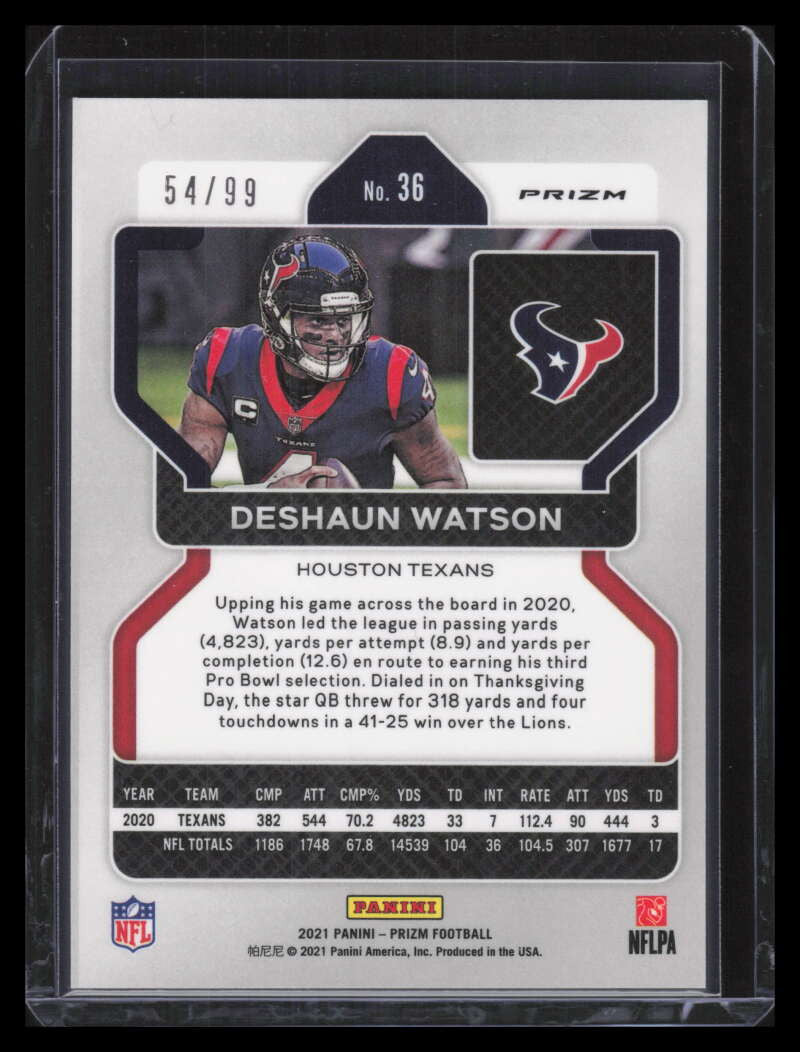 2021 Panini Prizm Prizms Blue Ice Refractor 36 Deshaun Watson 54/99