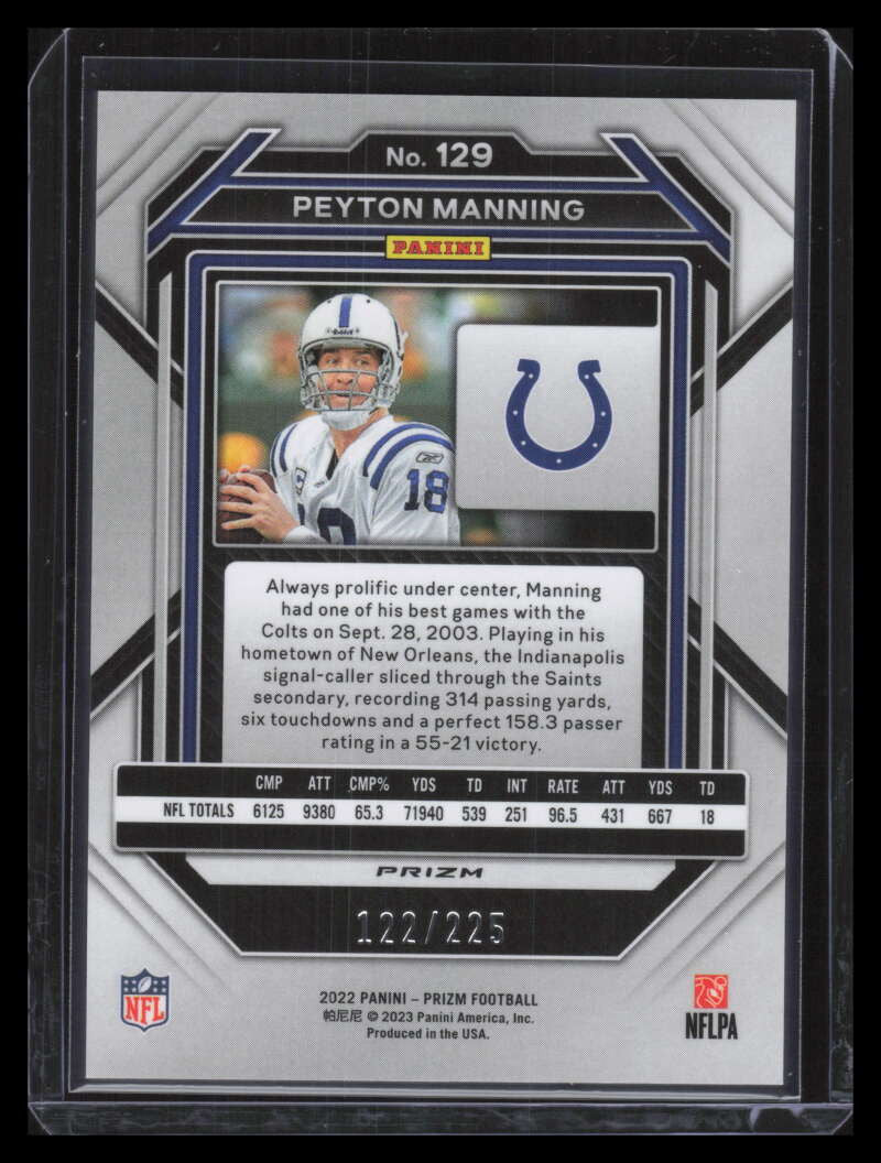 2022 Panini Prizm Prizms Purple Ice Refractor 129 Peyton Manning 122/225