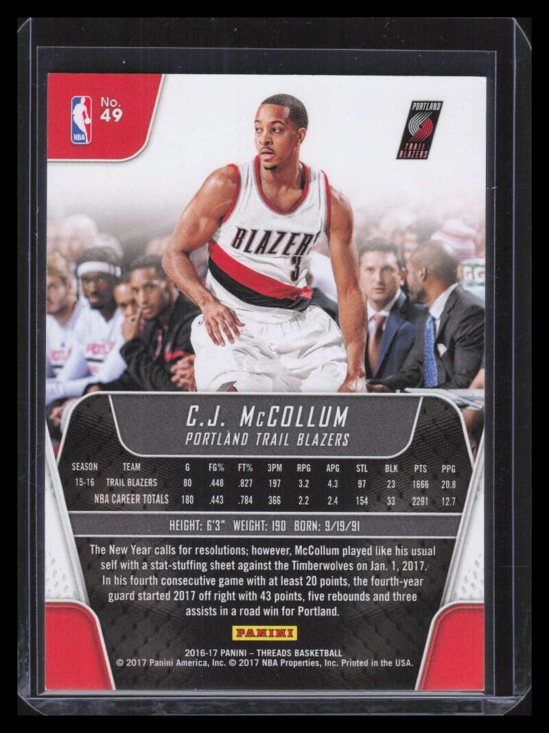 2016-17 Panini Threads Century Proof Dazzle Purple 49 C. J. McCollum 3/15