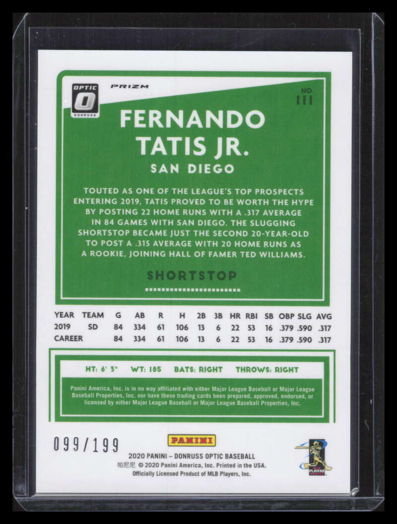 2020 Donruss Optic Pink Velocity Refractor 111 Fernando Tatis Jr. 99/199