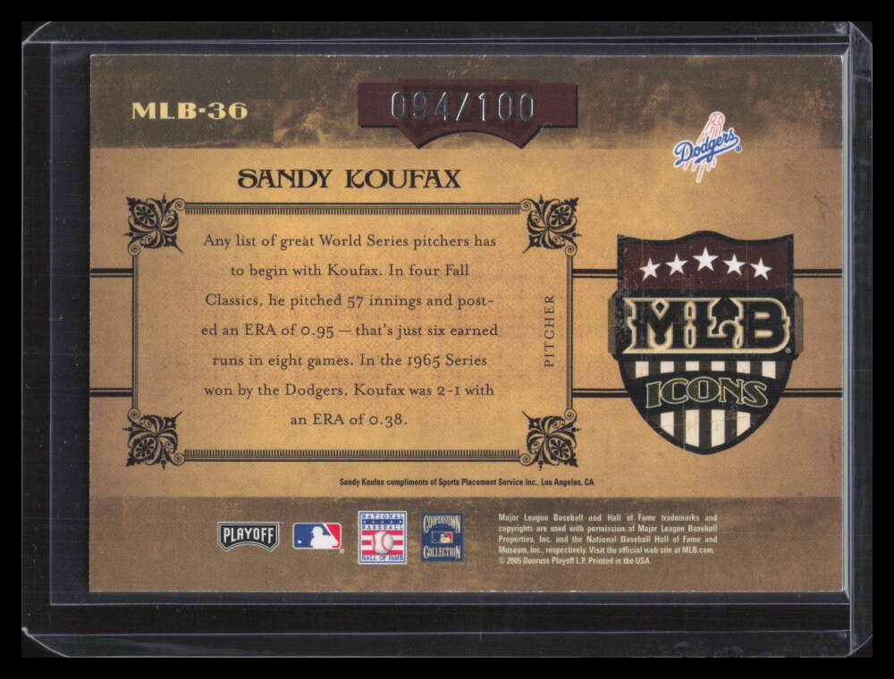 2005 Prime Cuts MLB Icons mlb36 Sandy Koufax 94/100