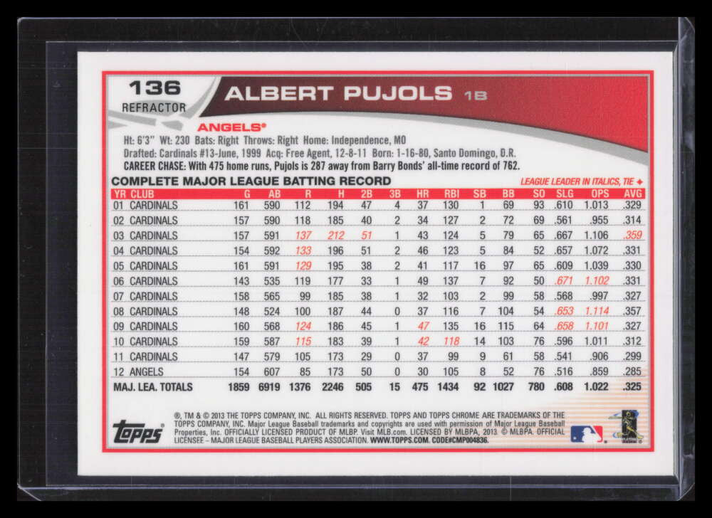 2013 Topps Chrome Orange Refractor 136 Albert Pujols