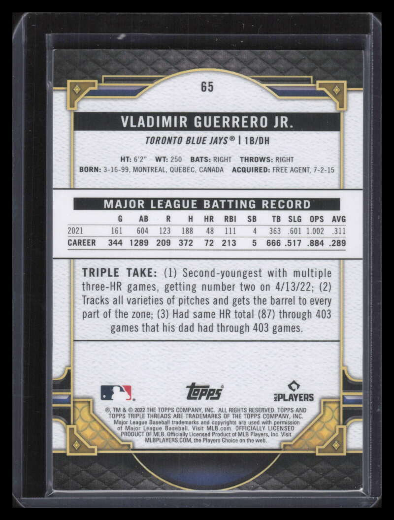 2022 Topps Triple Threads Onyx 65 Vladimir Guerrero Jr. 29/50