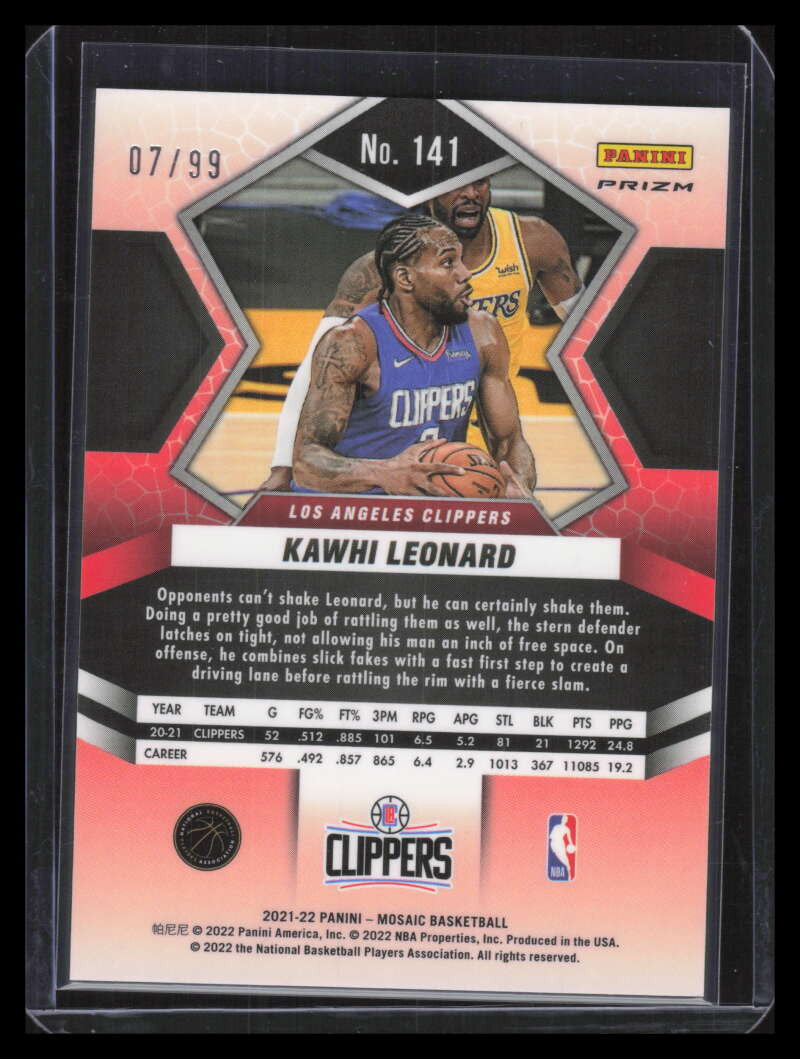 2021-22 Panini Mosaic Mosaic Blue Refractor 141 Kawhi Leonard 7/99