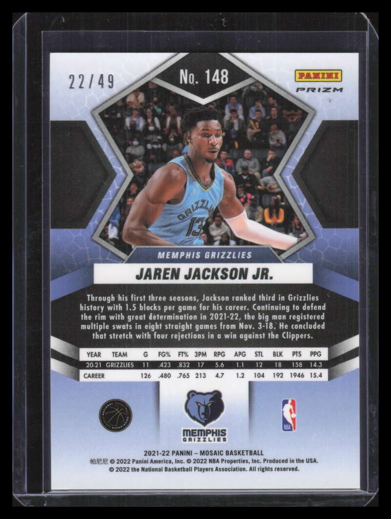 2021-22 Panini Mosaic Mosaic Purple Refractor 148 Jaren Jackson Jr. 22/49