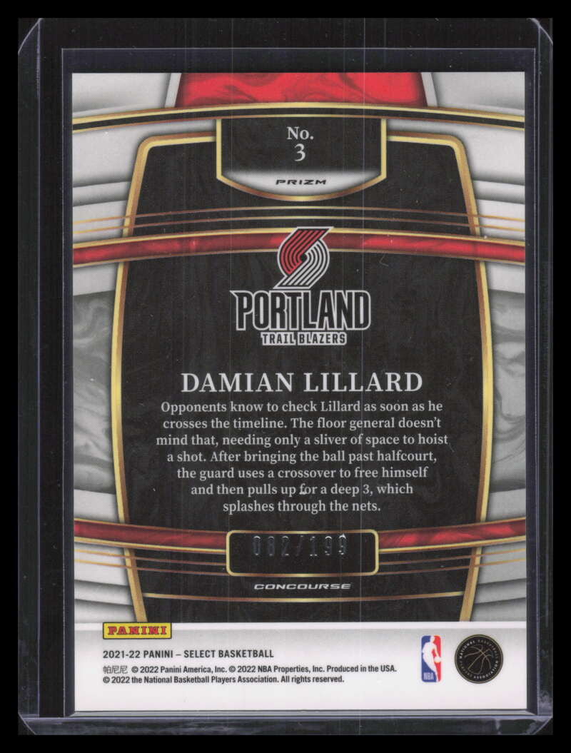2021-22 Select Prizms Red Refractor 3 Damian Lillard 82/199