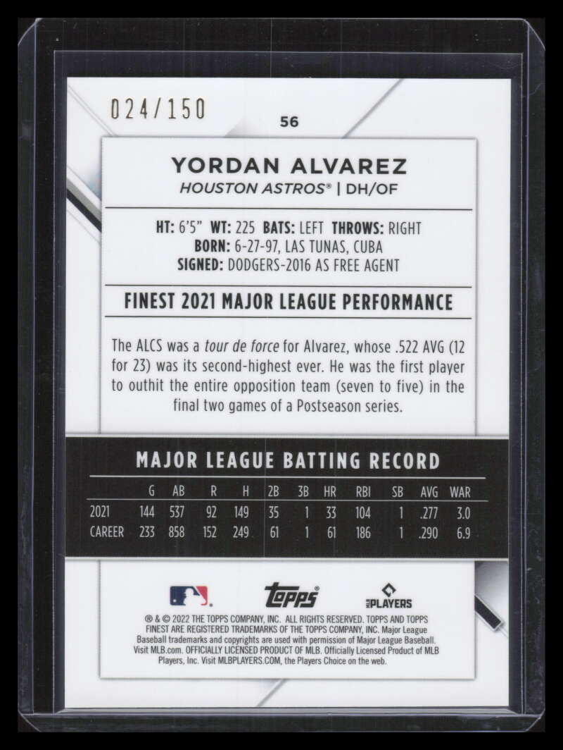 2022 Finest Blue Refractor 56 Yordan Alvarez 24/150