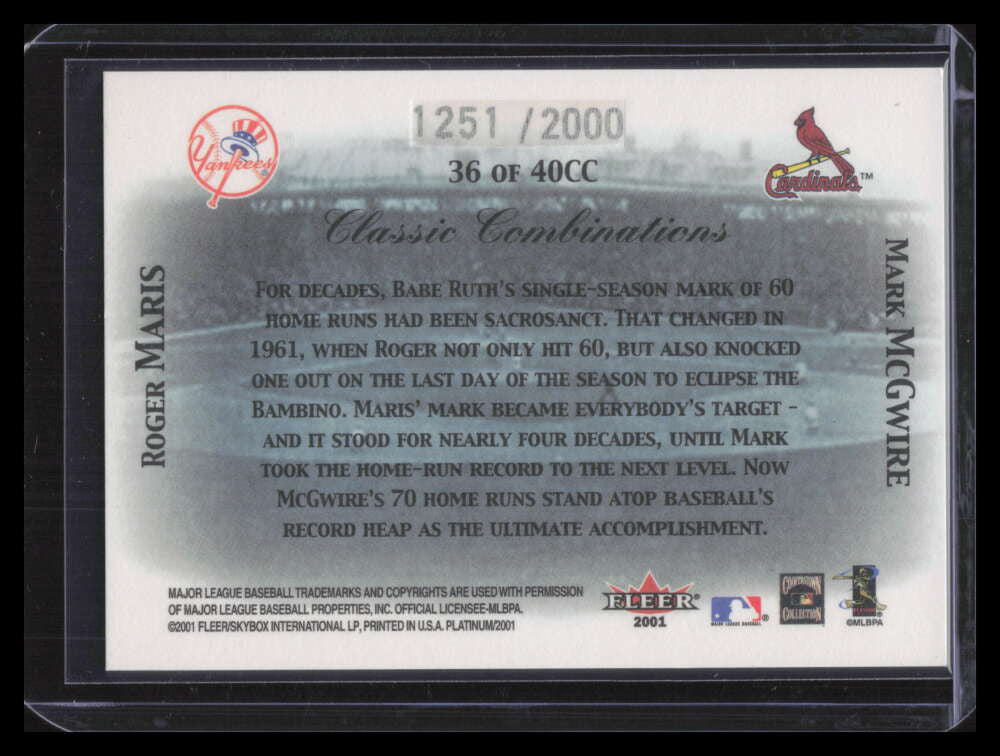 2001 Fleer Platinum Classic Combinations 36 Roger Maris Mark McGwire 1251/2000