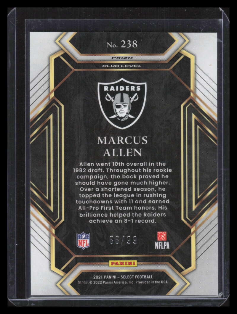 2021 Select Prizm Blue Refractor 238 Marcus Allen 66/99 Club Level