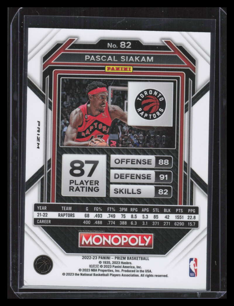 2022-23 Panini Prizm Monopoly Gold Money Shimmer 82 Pascal Siakam 199/500