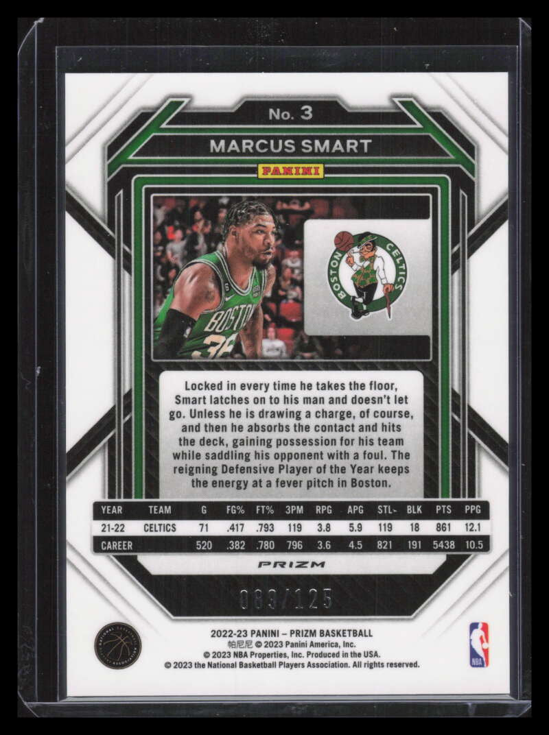 2022-23 Panini Prizm Prizms Blue Ice Refractor 3 Marcus Smart 89/125