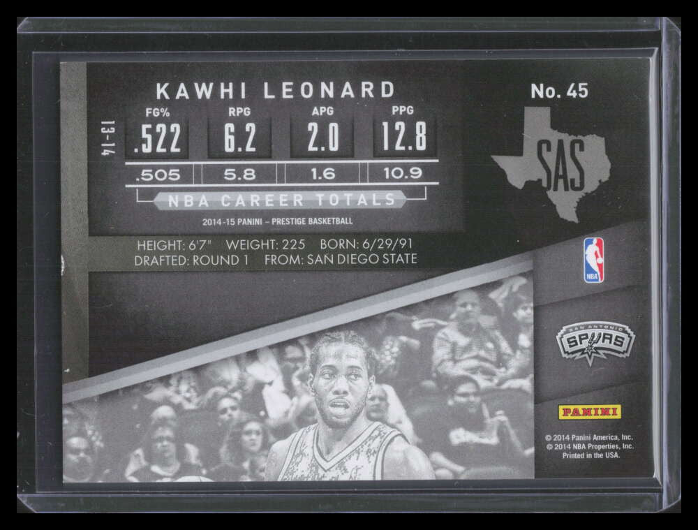 2014-15 Prestige Premium Bonus Shots Blue 45 Kawhi Leonard 42/99
