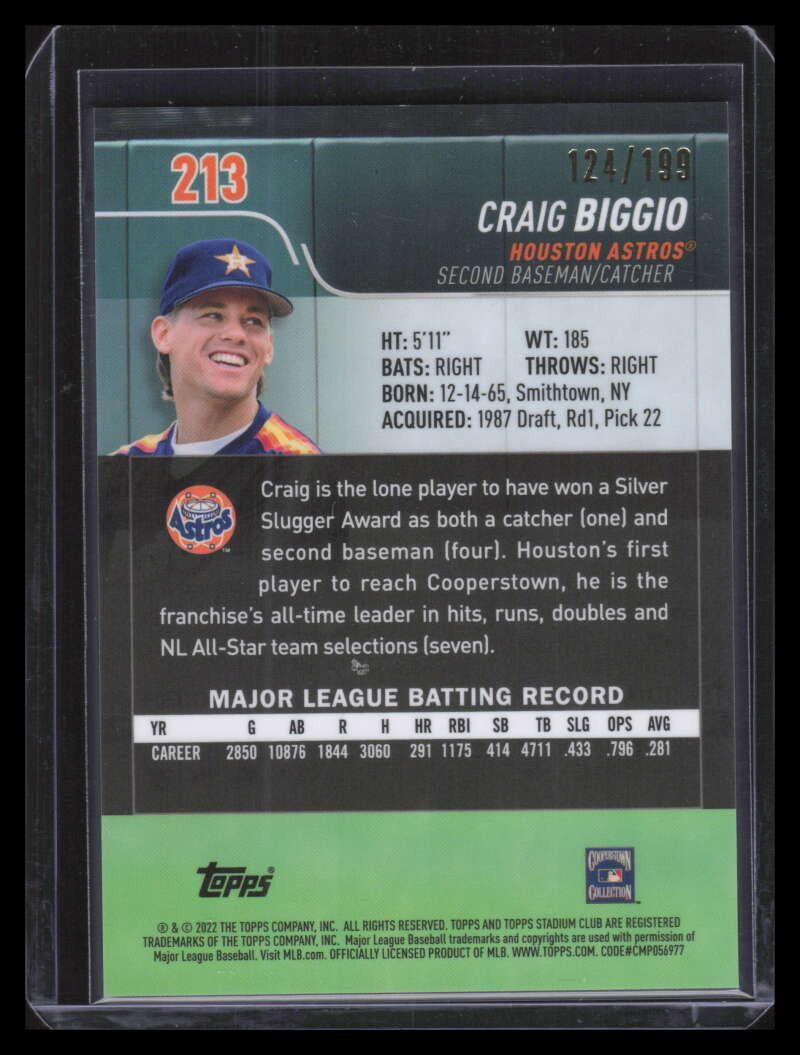 2022 Stadium Club Chrome Blue Refractor 213 Craig Biggio 124/199
