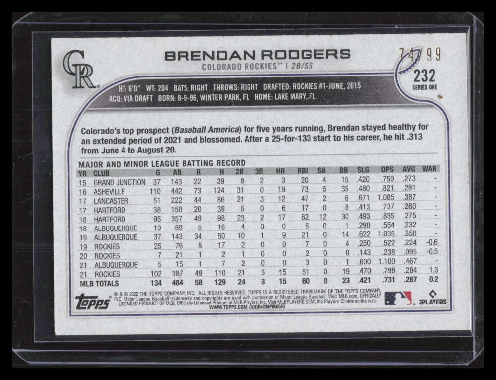 2022 Topps Vintage Stock 232 Brendan Rodgers 74/99