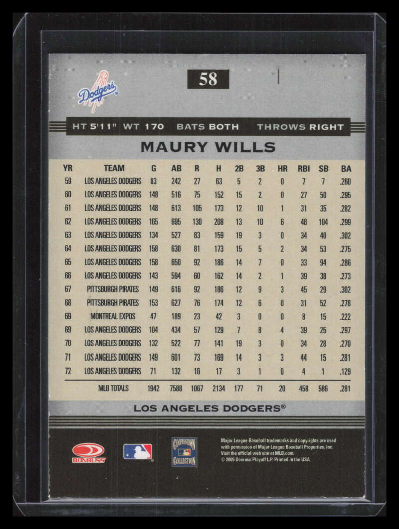 2005 Donruss Greats Signature Gold HoloFoil 58 Maury Wills Auto /800