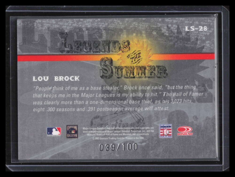 2003 Donruss Signature Legends of Summer Autographs 28 Lou Brock Auto 39/100