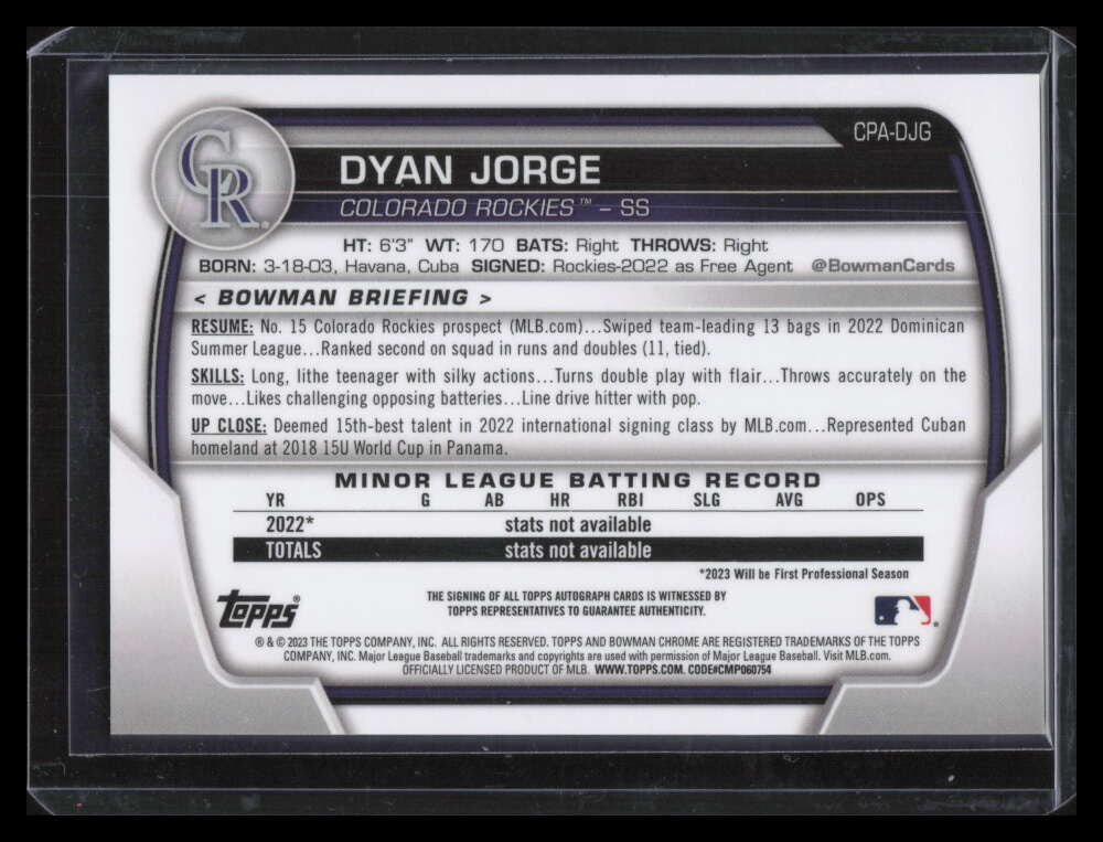 2023 Bowman Chrome Autographs Speckle Refractor Dyan Jorge Rookie Auto 68/299