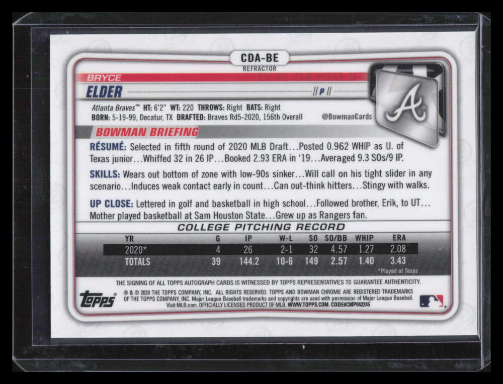 2020 Bowman Chrome Draft Autographs Refractor Bryce Elder Rookie Auto 386/499
