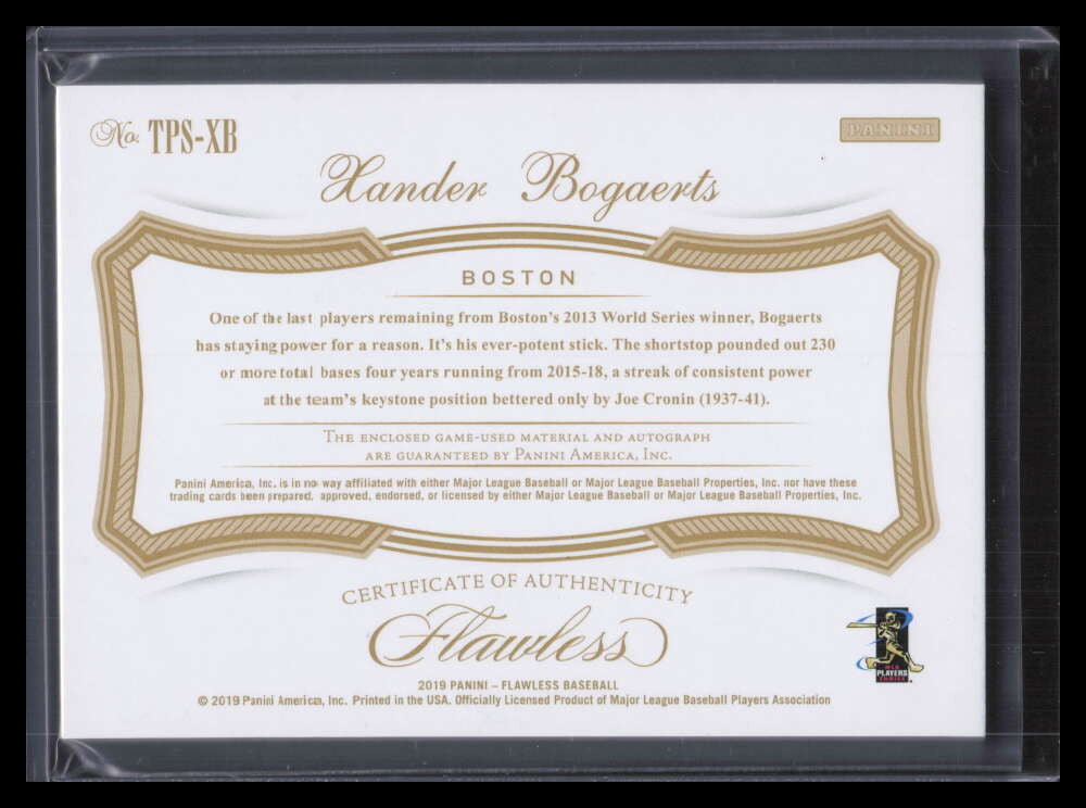 2019 Panini Flawless Signatures Sapphire Xander Bogaerts Triple Patch Auto 3/10
