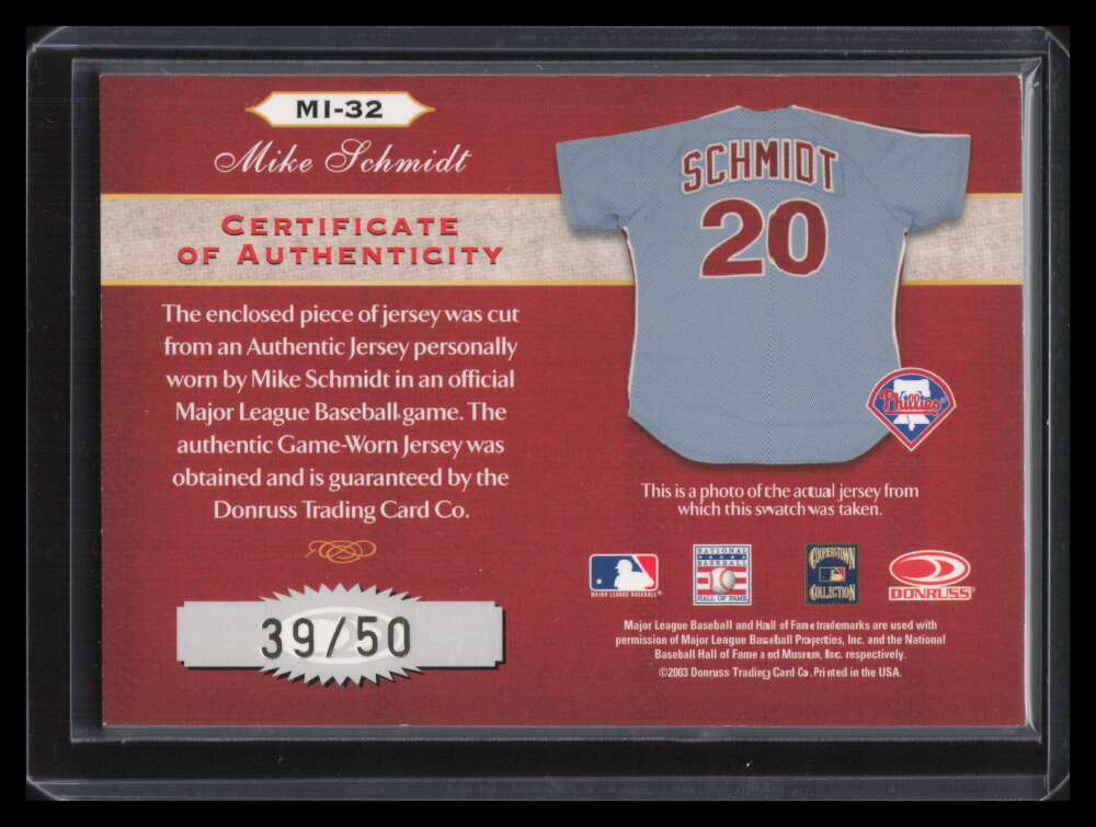 2003 Timeless Treasures Material Ink 32 Mike Schmidt Patch Auto 39/50