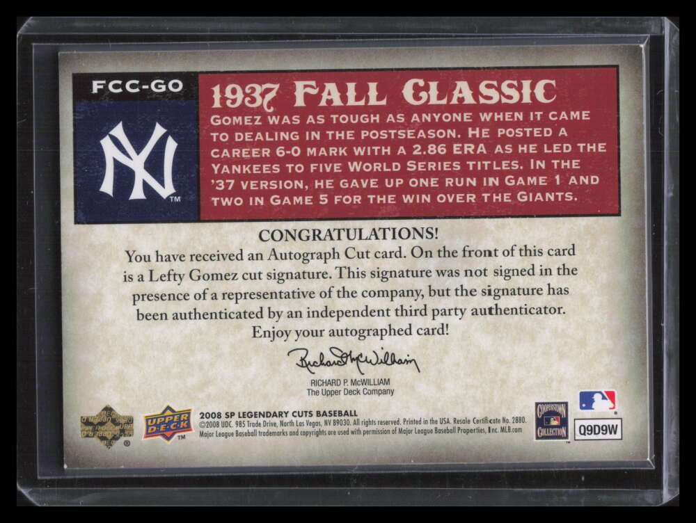 2008 SP Legendary Cuts Fall Classic Cut Signatures LG Lefty Gomez Cut Auto 14/15