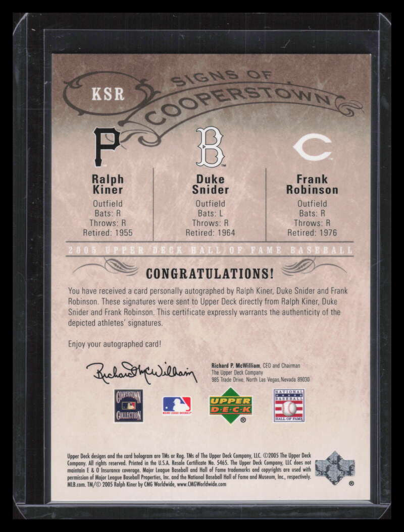 2005 UD Hall Fame Signs Cooperstown Kiner Frank Robinson Snider Triple Auto /20