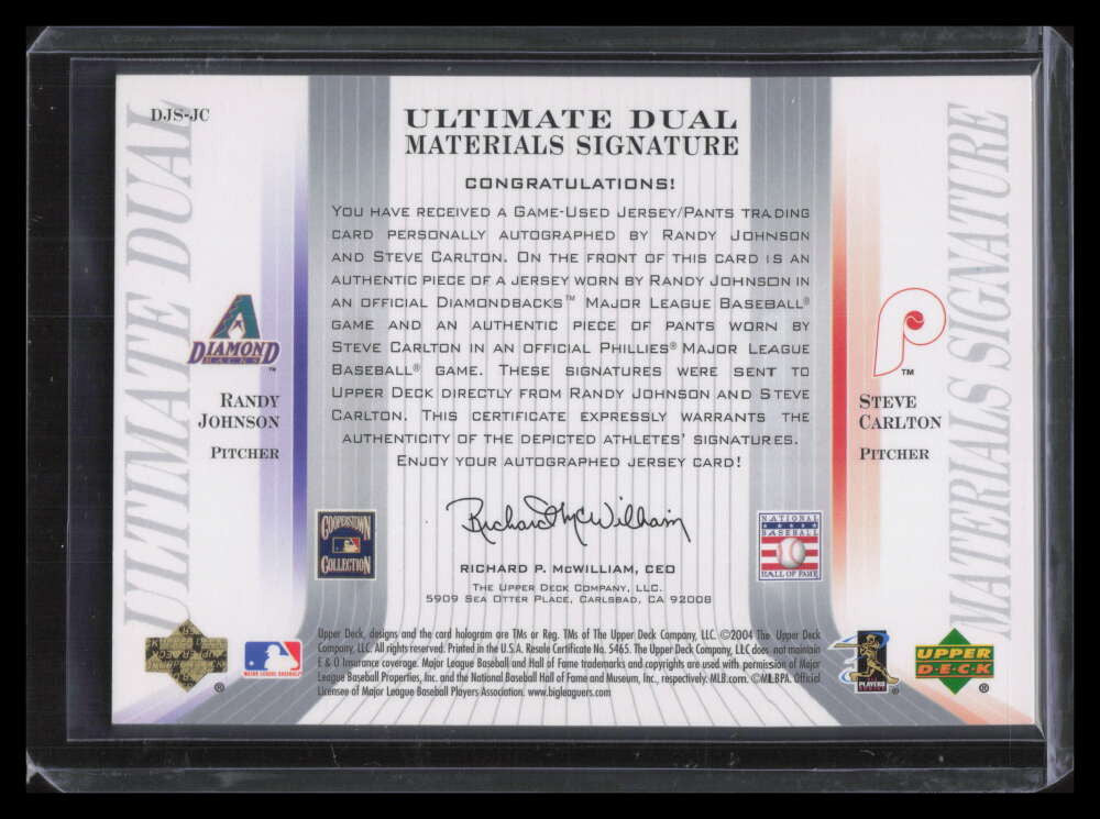 2004 Ultimate Signature Steve Carlton Randy Johnson Dual Jersey Auto 21/25