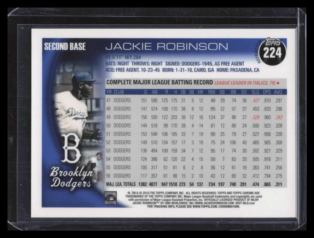 SOLD 133706 2010 Topps Chrome Wrapper Redemption Refractor 224 Jackie Robinson 128634