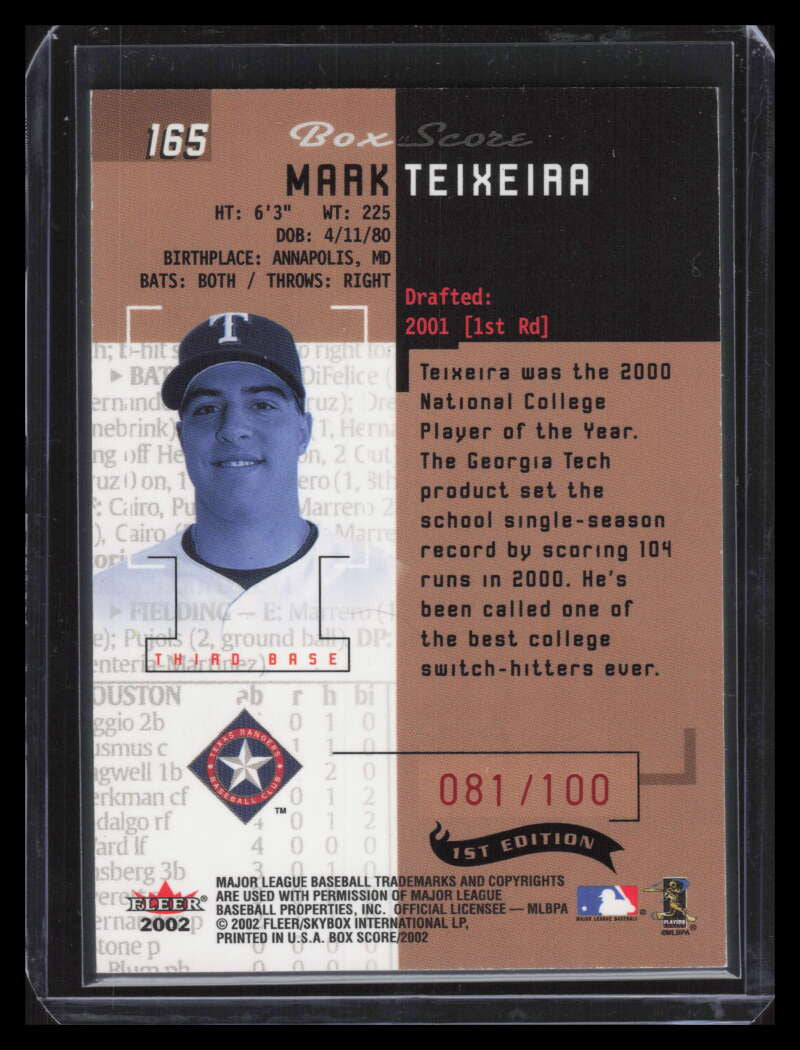 2002 Fleer Box Score First Edition 165 Mark Teixeira RS 81/100 