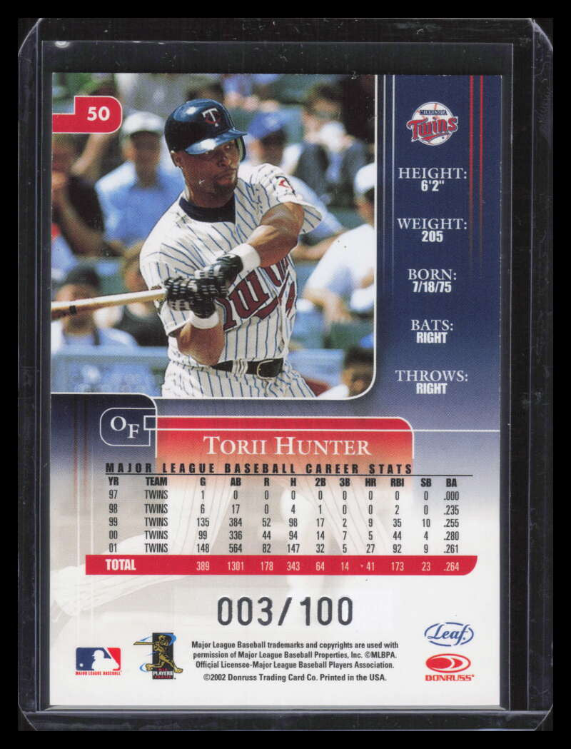 2002 Leaf Rookies &amp; Stars Longevity 50 Torii Hunter 3/100